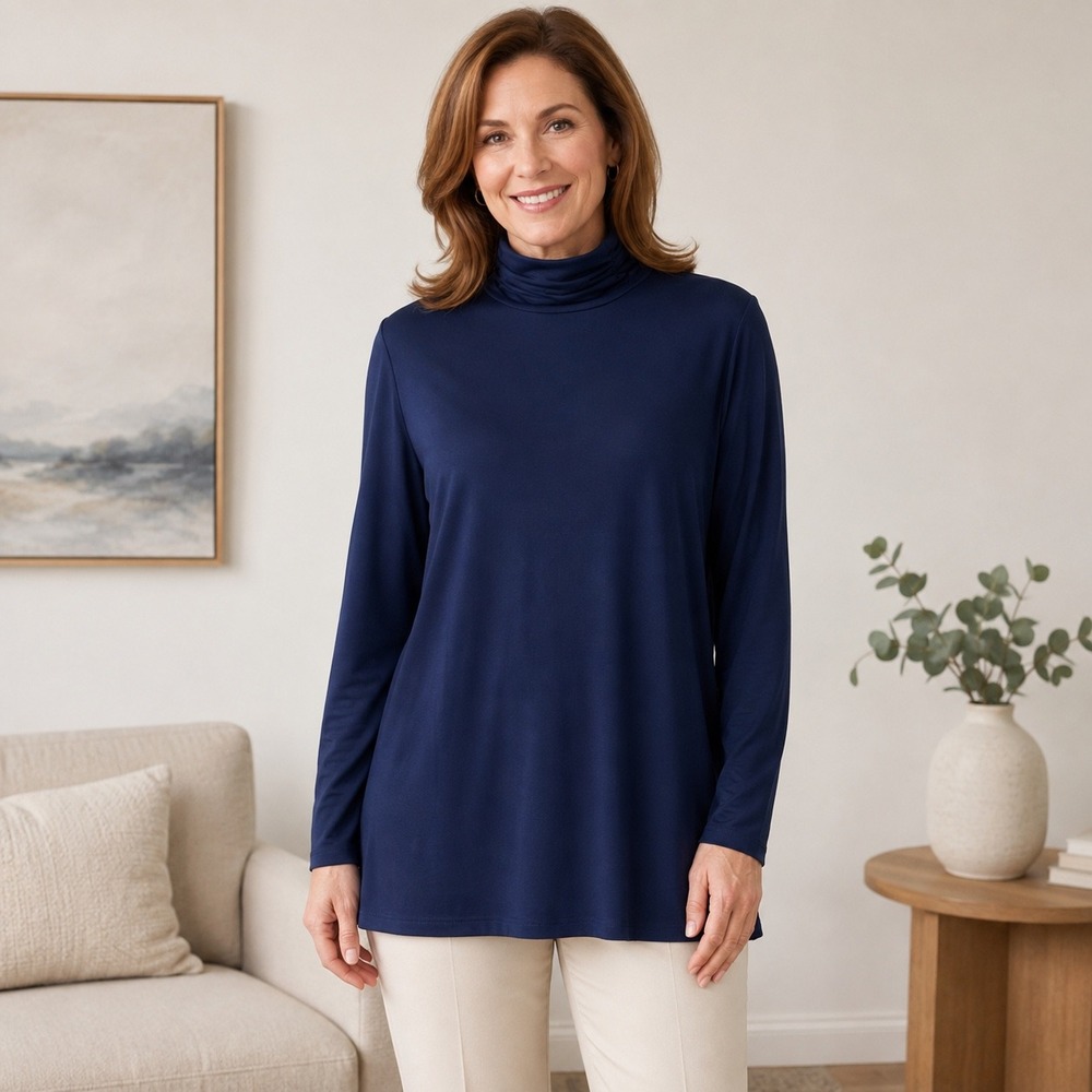 Susan Graver Modern Essentials Navy Liquid Knit Ruched Mock Neck Tunic MP